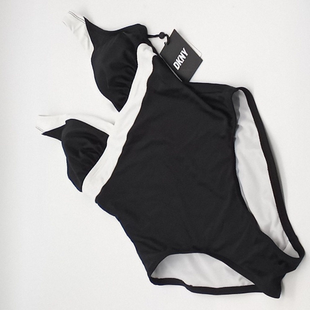 DKNY Plunging Colorblocked One-Piece Swimsuit Black White 8